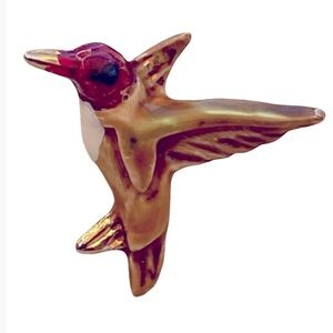 Vintage Gold Tone Hummingbird Brooch Pin with Red Head & Eyes